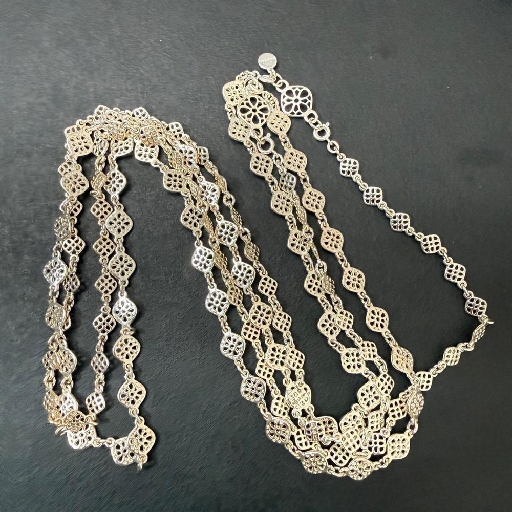 Stella & Dot Silver Tone Necklace Filigree Floral Openwork Long Layering Strand